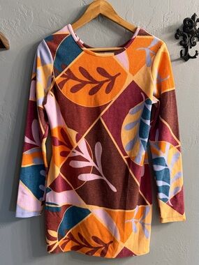 Women's Multicolor Geometric Leaf Crewneck Sweater